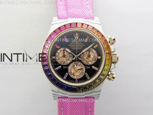 DAYTONA RAINBOW BEZEL WHITE CARBON CASE GETF BEST BLACK DIAL ON PINK NYLON STRAP SA4130