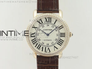 Ronde Louis Cartier RG UT Best Edition White Dial Diamond Bezel on Black Leather Strap