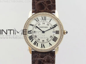 Ronde Solo de Cartier 36mm K11 RG/Dia 1:1 Best Edition White Dial on Black croco leather strap Ronda Quartz
