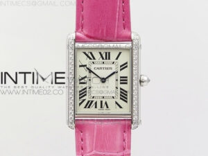 Tank Louis Ladies 25.5mm SS TKF 1:1 Best Edition White Dial Diamond Bezel on Pink Leather Strap Ronda Quartz