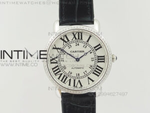 Ronde Louis Cartier SS UT Best Edition White Dial Diamond Bezel on Black Leather Strap