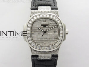 Nautilus Pave T Diamonds bezel SS GSF Full Pave Diamonds Dial On Black Leather Strap 324CS