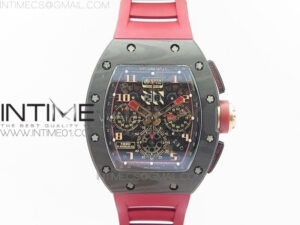 RM011 Carbon Case Chronograph KVF 1:1 Best Edition Carbon Bezel Skeleton Dial on Red Rubber Strap A7750