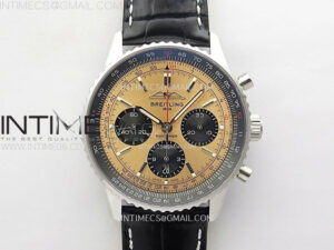 Navitimer B01 43mm SS BLSF 1:1 Best Edition RG Dial Black Subdial On Black Leather Strap A7750