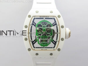 RM052 Skull White Ceramic/RG Real Tourbillon YSF Best Edition RG Skull Dial on White Rubber Strap