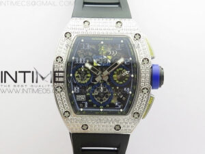 RM011 Titanium Case Diamonds Bezel Chronograph KVF 1:1 Best Edition Skeleton Dial Blue Crown on Black Rubber Strap A7750