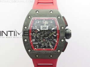 RM011 Carbon Case Carbon Bezel Chronograph KVF 1:1 Best Edition Skeleton Dial(Red Inner Bezel) on Red Rubber Strap A7750