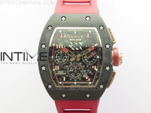 RM011 RG Case Carbon Bezel Chronograph KVF 1:1 Best Edition Skeleton Dial Red/RG on Red Rubber Strap A7750