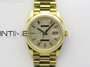 Daydate 128238 36mm YG RAF Best Edition Color Diaminds Dial on SS President Bracelet A2836