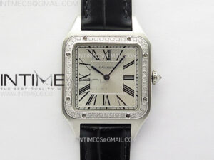 Santos Dumont 43.5mm SS/Diamonds Bezel F1F Best Edition Silver Dial on Black Leather Strap Quartz