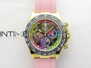 Daytona PVD Carbon Bezel YG GETF Best Blacken Skeleton Color Dial on Pink Rubber Strap SA4130