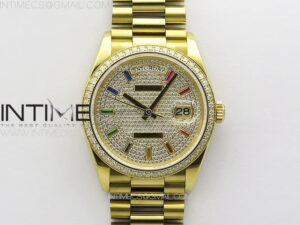 Daydate 128238 36mm Crystals Bezel YG RAF Best Edition Color Diaminds Dial on SS President Bracelet A2836