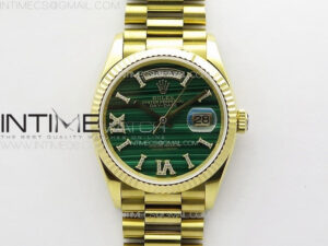 Daydate 128238 36mm YG RAF Best Edition Green Malachite Dial Crystal Markers on SS President Bracelet A2836
