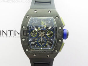 RM011 Titanium Case Carbon Bezel Chronograph KVF 1:1 Best Edition Skeleton Dial Blue Crown on Black Rubber Strap A7750