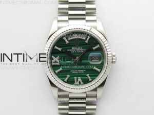 Daydate 128238 36mm SS RAF Best Edition Green Malachite Dial Crystal Markers on SS President Bracelet A2836
