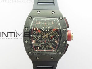RM011 Carbon Case Carbon Bezel Chronograph KVF 1:1 Best Edition Skeleton Dial Red/RG on Black Rubber Strap A7750