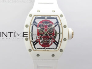 RM052 Skull White Ceramic/RG Real Tourbillon YSF Best Edition Red Skull Dial on White Rubber Strap
