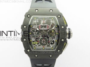 RM011 Carbon Case Chrono KVF 1:1 Best Edition Crystal Skeleton Yellow Dial on Black Rubber Strap A7750 V2