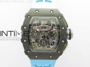 RM011 Carbon Case Chrono KVF 1:1 Best Edition Crystal Skeleton Yellow Dial on Blue Rubber Strap A7750 V2