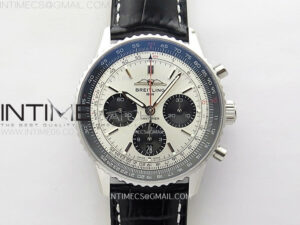 Navitimer B01 43mm SS BLSF 1:1 Best Edition Silver Dial Black Subdials On Black Leather Strap A7750