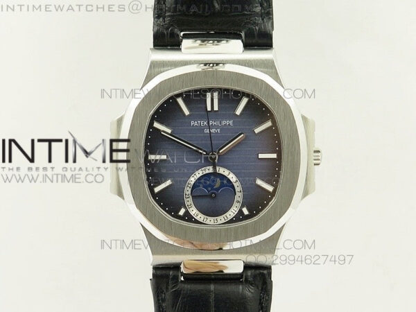 Nautilus Moonphase SS Blue Dial on Black Leather Strap MIYOTA 9015 PP324CS