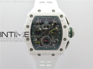 RM011 Real White Ceramic Chronograph KVF 1:1 Best Edition Crystal Skeleton Dial Green on White Rubber Strap A7750