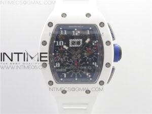 RM011 Real White Ceramic Chronograph KVF 1:1 Best Edition Crystal Skeleton Dial Blue on White Rubber Strap A7750