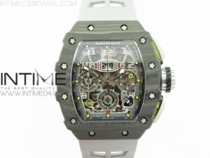 RM011 Carbon Case Chrono KVF 1:1 Best Edition Crystal Skeleton Yellow Dial on Gray Rubber Strap A7750