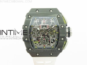 RM011 Carbon Case Chrono KVF 1:1 Best Edition Crystal Skeleton Yellow Dial on White Rubber Strap A7750