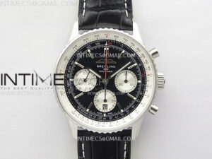 Navitimer B01 43mm SS BLSF 1:1 Best Edition Black Dial Silver Subdials On Black Leather Strap A7750