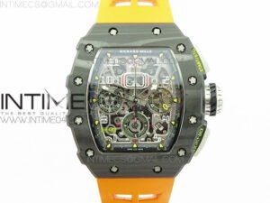 RM011 Carbon Case Chrono KVF 1:1 Best Edition Crystal Skeleton Yellow Dial on Orange Rubber Strap A7750