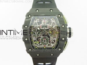 RM011 Carbon Case Chrono KVF 1:1 Best Edition Crystal Skeleton Yellow Dial on Black Rubber Strap A7750