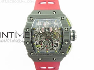 RM011 Carbon Case Chrono KVF 1:1 Best Edition Crystal Skeleton Yellow Dial on Red Rubber Strap A7750