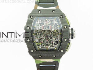 RM011 Carbon Case Chrono KVF 1:1 Best Edition Crystal Skeleton Yellow Dial on Camouflage Rubber Strap A7750