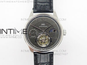 Portuguese Tourbillon SS AXF Gray Dial Sliver Numbers moonphase on Black Leather Strap
