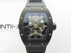 RM027 Titanium DLC Real Tourbillon YSF Best Edition Skeleton Skull Dial on Black Rubber Strap