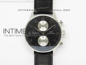 Portuguese 40mm Chrono SS Black Dial Sliver subdial on Leather Strap A7750