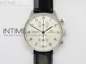 Portuguese 40mm Chrono SS White Dial Sliver Number on Leather Strap A7750