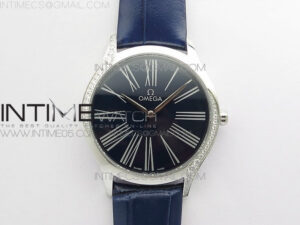 Ladies' De Ville Trésor Diamond OXF 1:1 Best Edition Dark Blue Dial On Swiss Quartz Blue Leather strap.