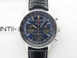 Navitimer B01 43mm SS BLSF 1:1 Best Edition Blue Dial Green Subdials On Black Leather Strap A7750