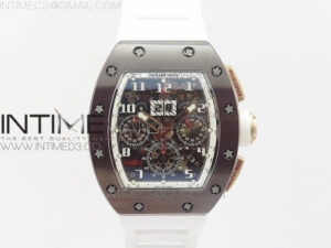 RM011 RG Case Chronograph KVF 1:1 Best Edition Black Ceramic Bezel Skeleton Dial on White Rubber Strap A7750