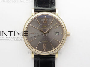 Portofino 37mm RG Diamond Bezel V7F 1:1 Best Edition Gray Dial on Black Leather Strap A2892