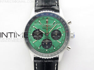Navitimer B01 43mm SS BLSF 1:1 Best Edition Green Dial Black Subdials On Black Leather Strap A7750