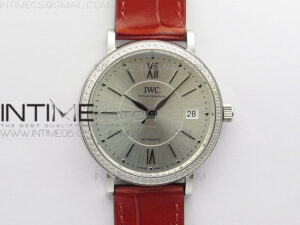 Portofino 37mm SS Diamonds Bezel V7F 1:1 Best Edition Silver Dial Black Handset on Red Leather Strap A2892