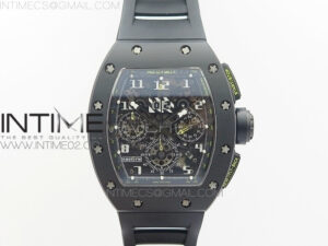 RM011 Carbon Case Chronograph KVF 1:1 Best Edition Ceramic Bezel Skeleton Dial on Black Rubber Strap A7750