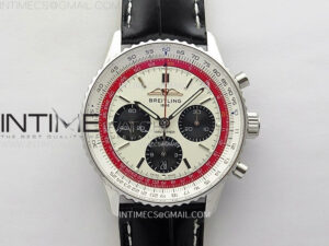 Navitimer B01 43mm SS BLSF 1:1 Best Edition White Dial Black Subdials On Black Leather Strap A7750