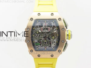 RM011 RG Chronograph RG Case KVF 1:1 Best Edition Crystal Skeleton Dial on Yellow Rubber Strap A7750