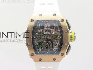 RM011 RG Chronograph SS Case KVF 1:1 Best Edition Crystal Skeleton Dial on White Rubber Strap A7750