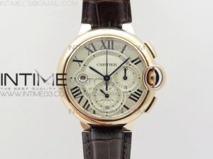 Ballon Bleu De Cartier Chrono 47mm RG ZF Cream White Textured Dial on Brown Leather Strap