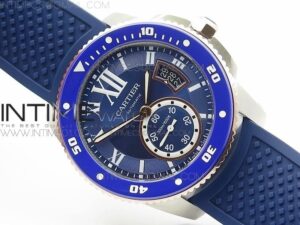 Calibre De Cartier Diver SS/RG Blue JJF on Blue Rubber Strap
